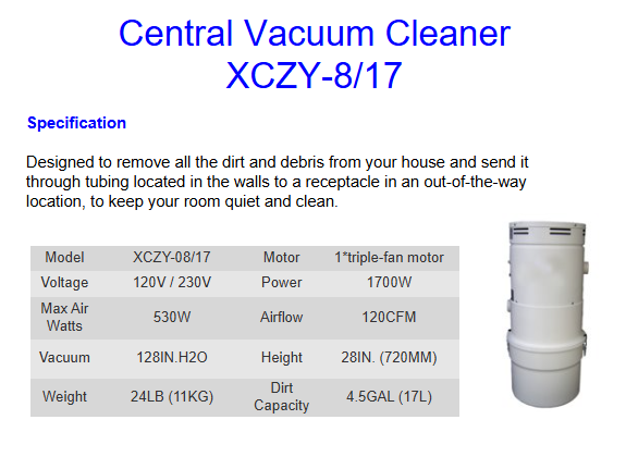 Central Vacuum Cleaner (White), Ametek Motor,120V, 2.2m Cord